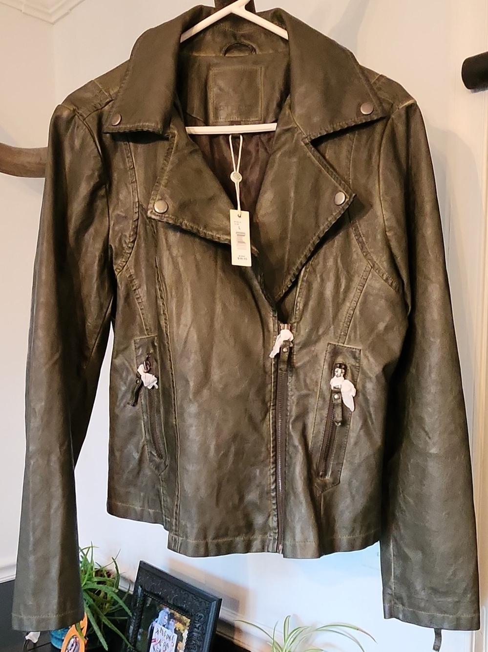 Max Studio Olive Green Faux Leather Moto Jacket